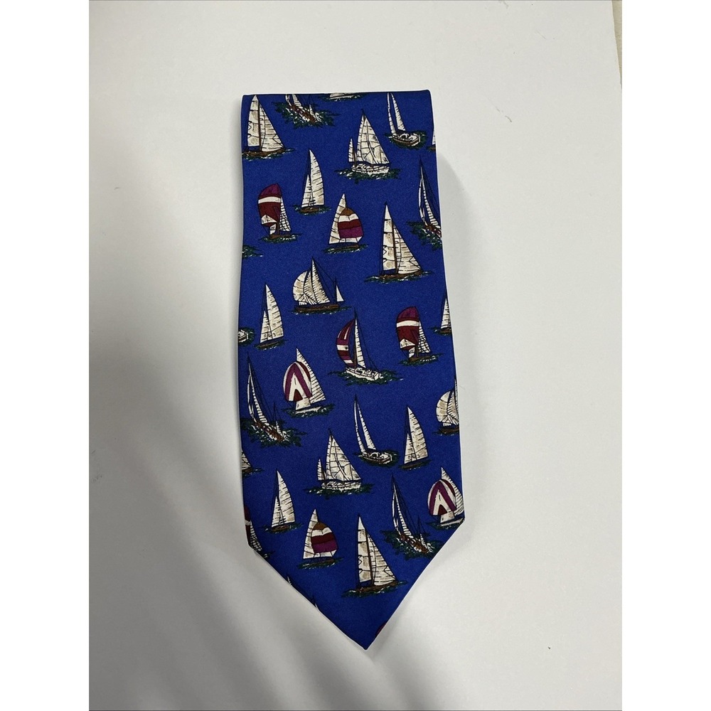 Beaufort Tie Rack Blue Silk Necktie with Sailboat Pattern Made in Italy 58.5"